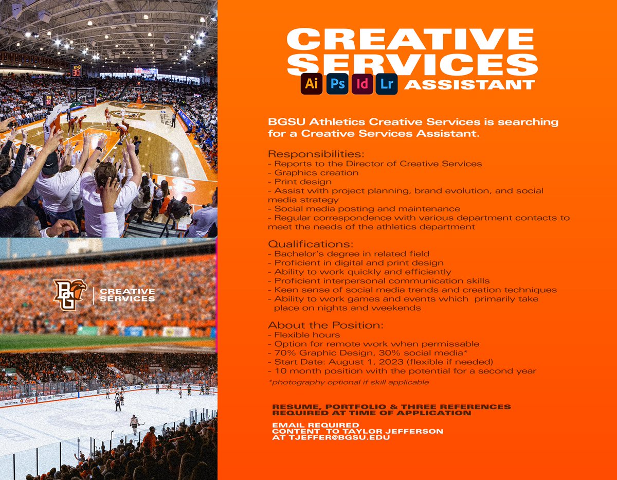 We're adding to our team! 
BGSU Athletics is looking for a creative and brand-focused content creator for the 23-24 season! 
- Paid
- Flexible schedule with opportunities to work remote
- Graphic design (digital &amp; print)
- Social Media 

Full details: bit.ly/40WE37p