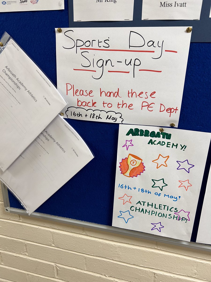ArbroathAcadPE's tweet photo. Sports Day (Athletics Championships) 🏆 

Have you signed up yet? Get your sign up sheet outside the PE base.

16th and 18th May 🗓 https://t.co/Ws6JiCGdoy
