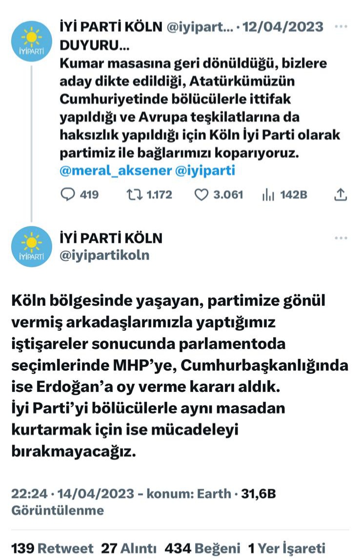 @iyiparti @iYiPartiKoeln @iyipartikoln Teşkilatı #Cumhurİttifakı desteklemeye karar verdi!
#Secim2023