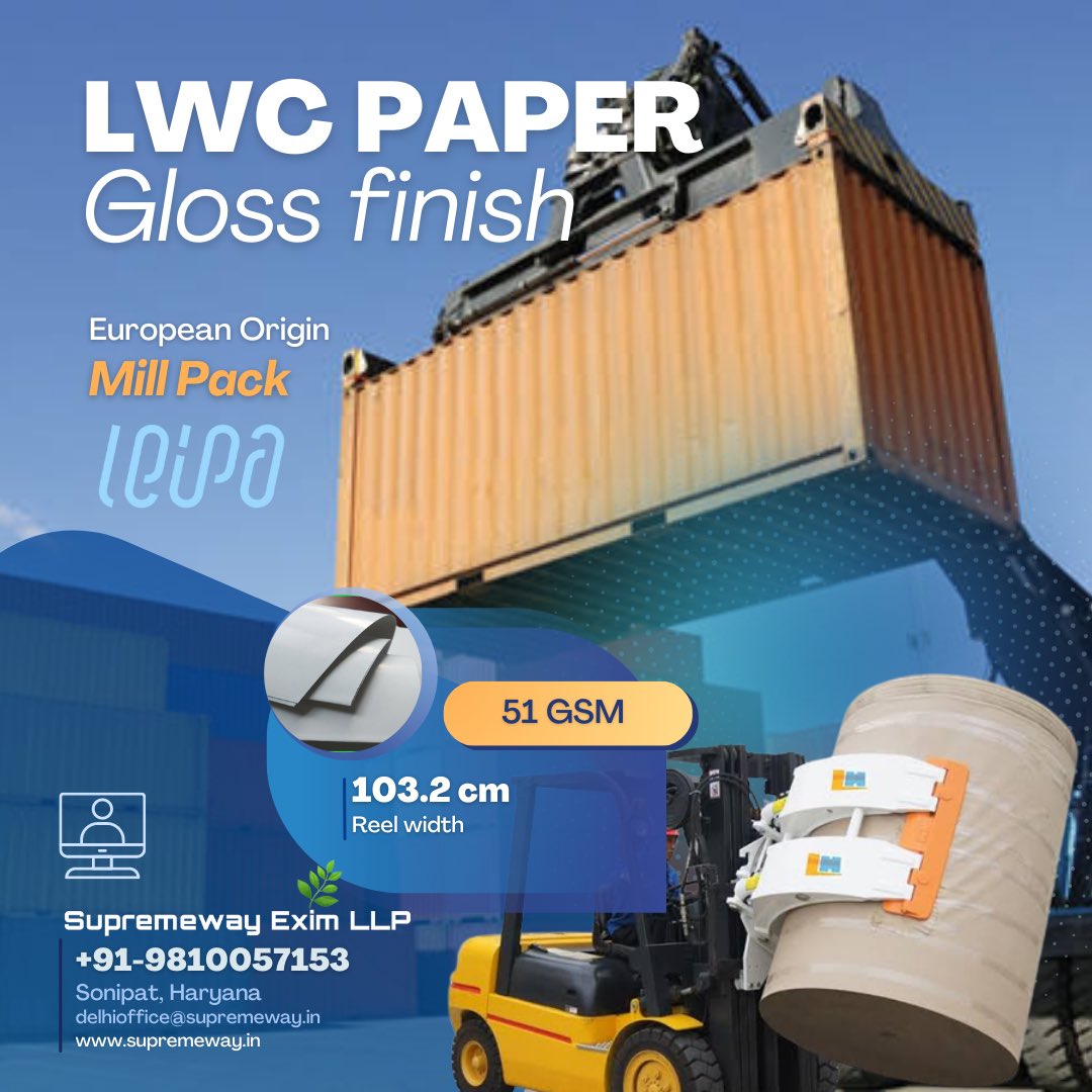 paperimporter's tweet image. Available Light Weight Coated Paper (LWC)
51 gsm
103.2 cm
European Origin
Gloss Finish
Mill Pack material 

SUPREMEWAY EXIM LLP

Contact us +91-9810057153
supremewayindustries@gmail.com
WhatsApp bit.ly/3CkL1bi

#artpaper #C2S #mattpaper #mattartpaper #matt  #coatedpaper