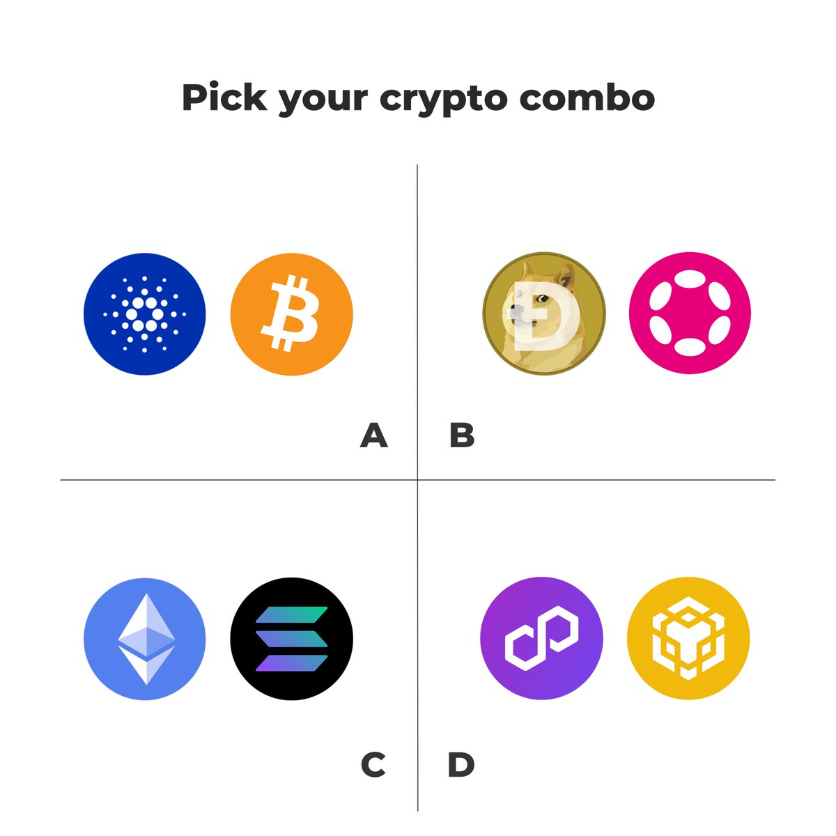 Cryptoprognost's tweet photo. Pick your crypto combo🙂

#cryptonews #binance📷📷 #FTX #crypto #btc📷📷 #nft #ETH #bnb📷📷#trading #bitcoin📷📷  #ethereum #cryptocurrency https://t.co/ospJ0tOaIL