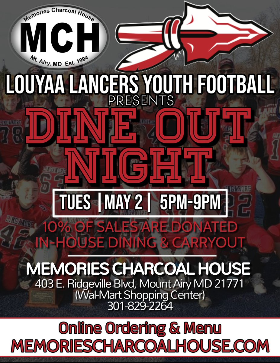 LinganoreBall's tweet photo. Dine out night Tonight in support of Linganore Youth Foootball! Take a break from cooking to support a great program! https://t.co/OdXHrXivLY