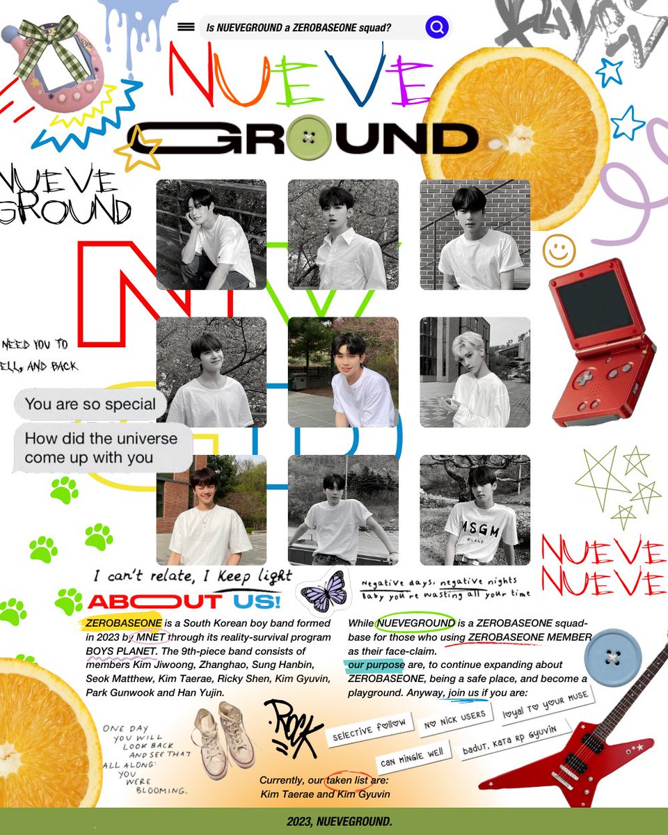 NUEVEGROUND's tweet photo. Hello! We're 𝐍𝐔𝐄𝐕𝐄𝐆𝐑𝐎𝐔𝐍𝐃 and we're looking for our members and mingle well together. 𝐓𝐚𝐤𝐞𝐧 𝐥𝐢𝐬𝐭 : Kim Taerae and Kim Gyuvin. If you see your name didn't listed below, just leave something in the reply section to join. RETWEET will be appreciated. Thank you! https://t.co/drHdjuphx5