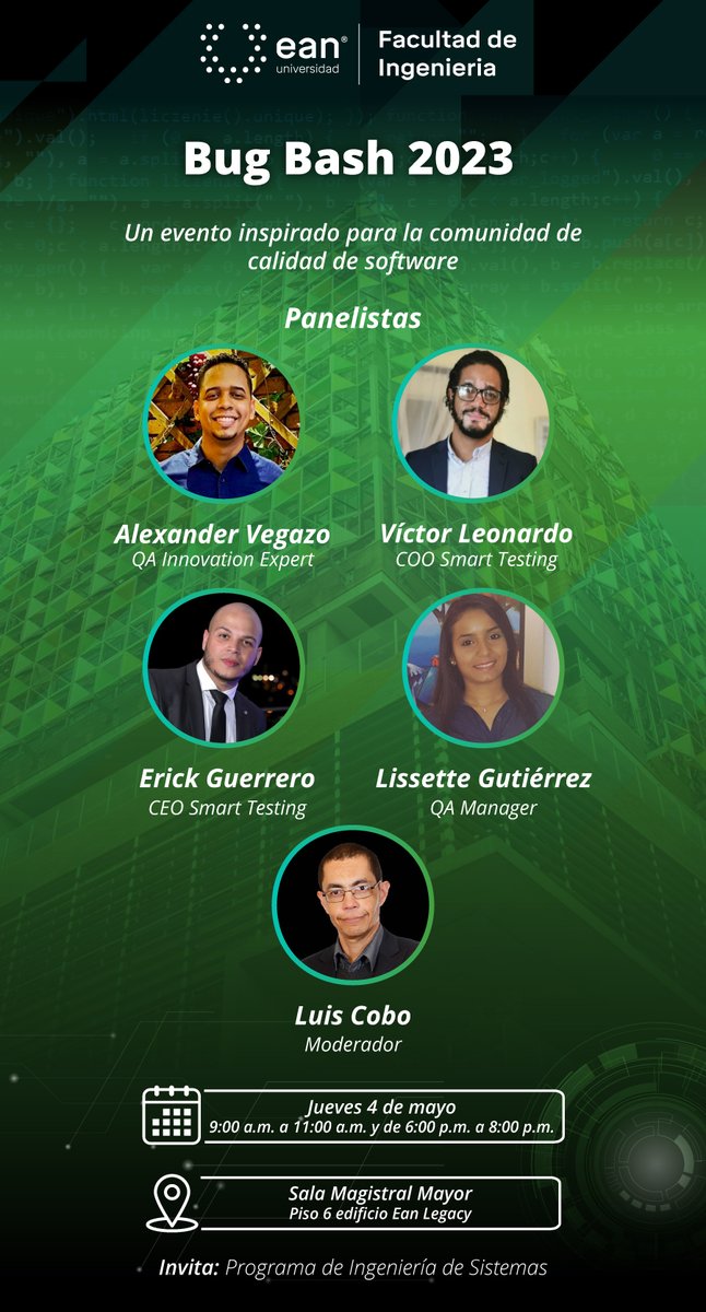 luiscobo's tweet image. Este jueves tenemos una cita con la Calidad de Software. Todos cordialmente invitados a la @UniversidadEan al #BugBash Colombia con un grupo de expertos de @Smarttestingrd este jueves, 4 de mayo, 9am.

Inscripciones por eventbrite.com/e/bug-bash-202…