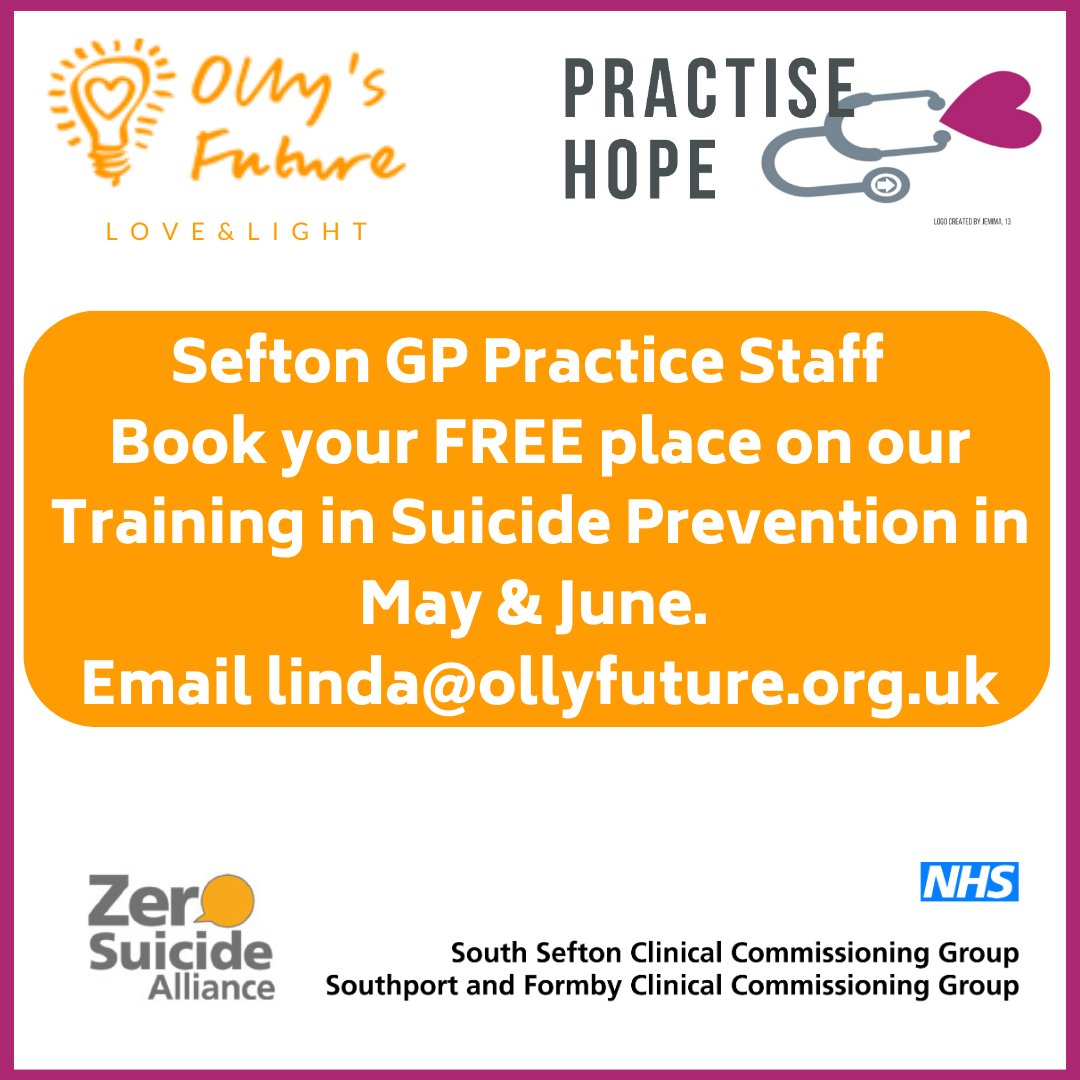 OllysFuture's tweet photo. Calling all GP practice staff in Sefton, Liverpool. Book your FREE clinical and non-clinical suicide prevention training for 10 - 25 years as part of our Practise Hope initiative.

#suicideprevention #gp #praticestaff #mentalhealth #mentalhealthawareness #nhsdoctor #nhswellbeing https://t.co/CrBLMPVp2u