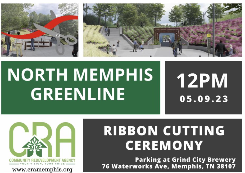 The North Memphis community, Councilwoman Michalyn Easter-Thomas, and other city leaders invite you to attend the grand opening of the The North Memphis Greenline. We will feature music from the alumni of Stax Academy. <a href="/MEasterThomas/">Michalyn Easter-Thomas</a> <a href="/StaxAcademy/">Stax Music Academy</a> <a href="/CityOfMemphis/">City of Memphis</a>  <a href="/grindcitybrew/">Grind City Brewing</a>