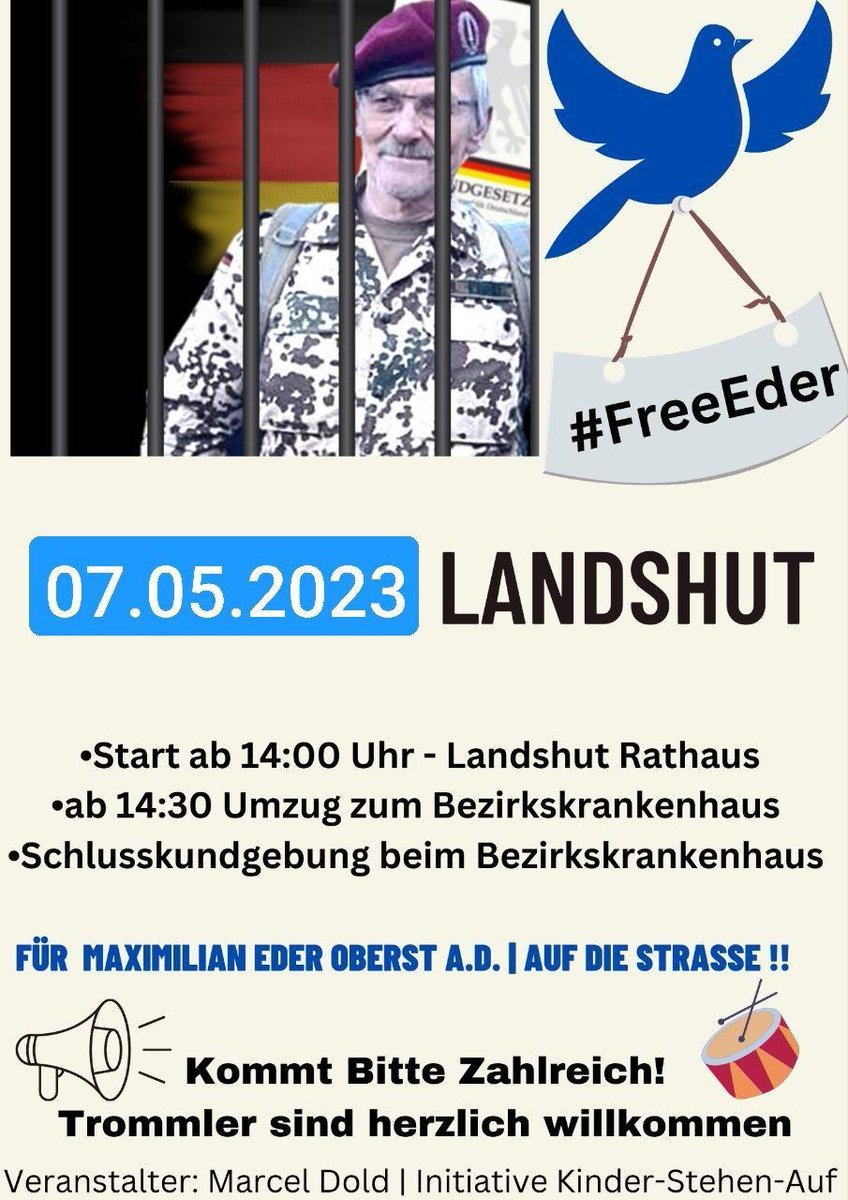 MartinBW15's tweet photo. #Landshut (#Bayern) #LA0705
#Demo #Demonstration #Protest #Kundgebung u. #Umzug
Für Maximilian "Max" Eder Oberst a.D - Auf die Strasse!
Der Zustand vom Maximilian #Eder hat sich verschlechtert, deshalb findet die Demo am kommenden Sonntag statt!
#freeEder #politicalprisoner https://t.co/pldWDXCvpD