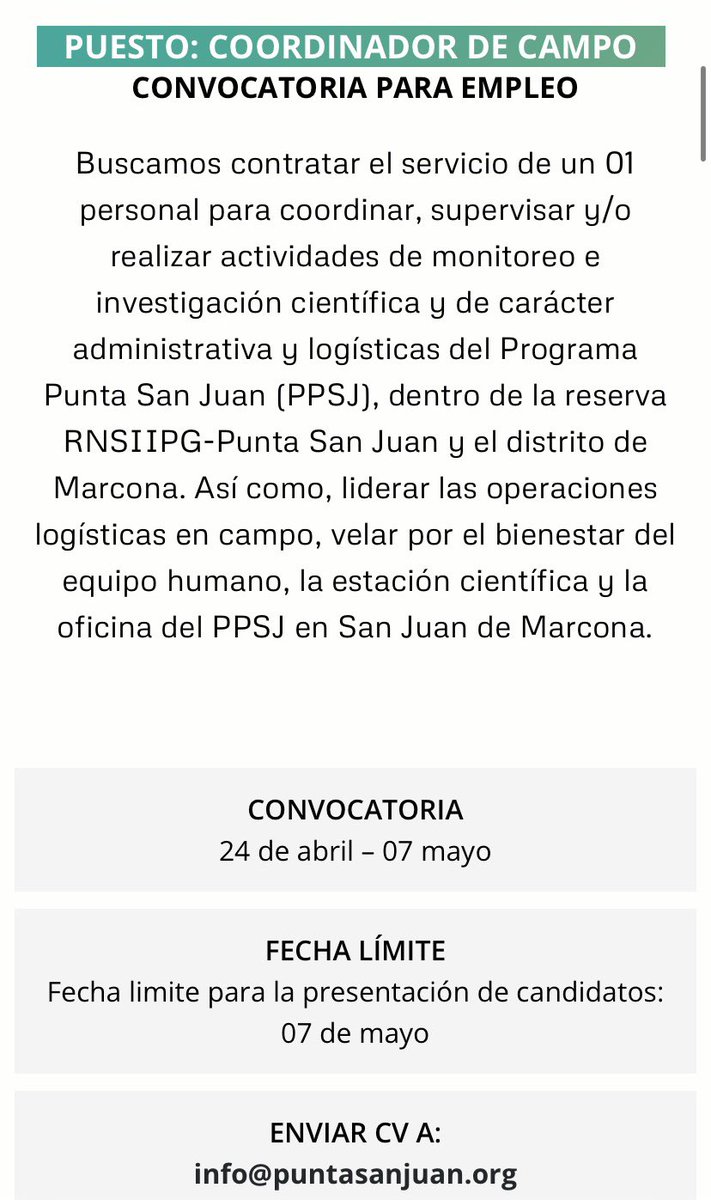 Trabaja con nosotros en la reserva RNSIIPG-Punta San Juan
¡Estamos buscando un nuevo Coordinador de Campo para el #ProgramaPSJ 
Postulación abierta hasta el 7 de mayo.
Toda la información y requisitos aquí ⬇️
puntasanjuan.org/2023-07-coordi…

Ayúdanos compartiendo esta #convocatoria!