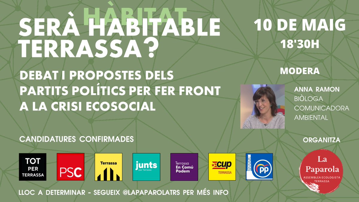 Quin model de ciutat proposen els partits per fer front a les crisis que ens afecten en perspectiva ecosocial?

Confirmem <a href="/PPTerrassa/">Populars de Terrassa</a> i fem recordatori d'aquest acte que farem a la setmana que ve. 

📅10 de maig
⏰18'30h

Aviat confirmació de l'espai