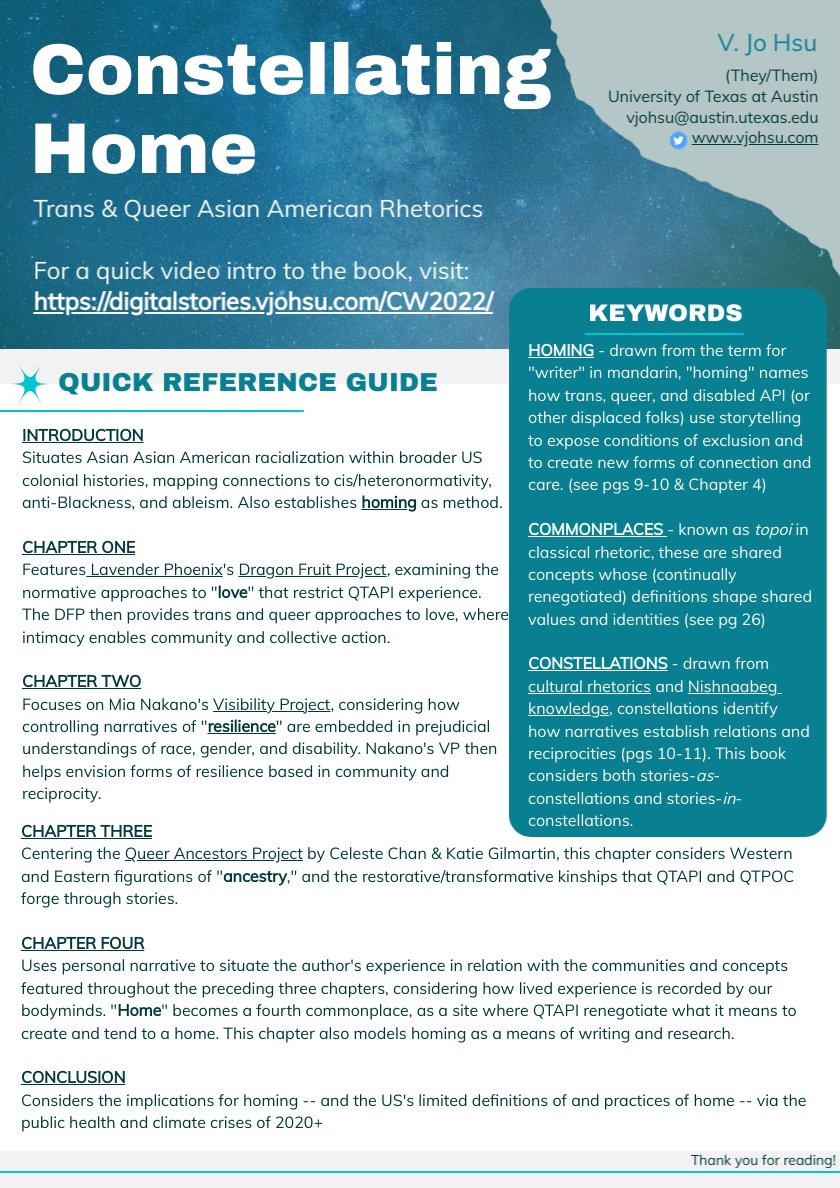 Hey, world! My book, Constellating Home: Trans & Queer Asian American Rhetorics is Open Access through June of this year, for #AAPI Heritage and #LGBTQ Pride months. If you're into storytelling, QTPOC + crip worldmaking, this is for you. @ohiostatepress 

kb.osu.edu/handle/1811/10…