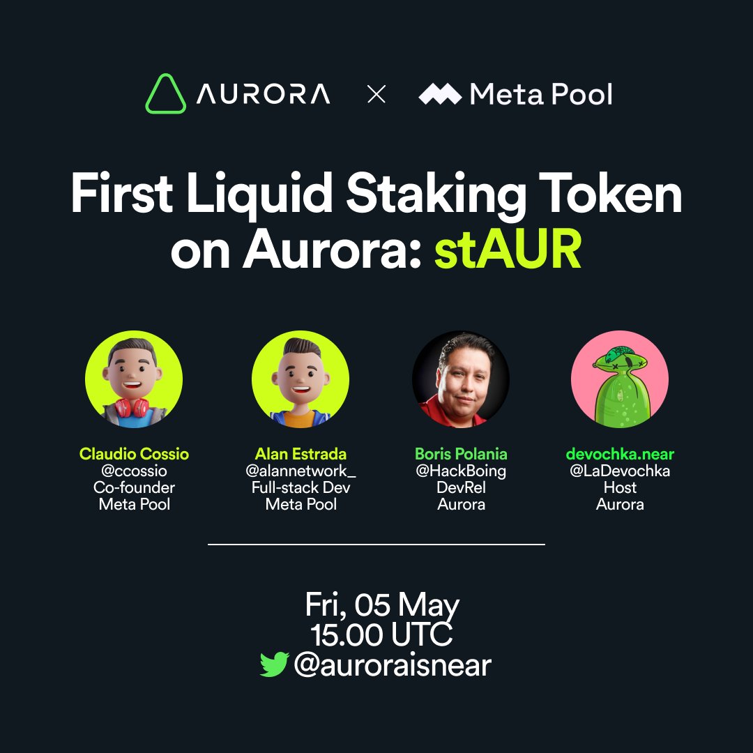Get ready, stAUR is coming! 🚀

Join us this Friday for a deep dive into the first liquid staking token for Aurora. <a href="/ccossio/">Claudio Cossio</a>, <a href="/alannetwork_/">Alan ⛓⚡️</a>, <a href="/HackBoing/">bpolania.eth</a>, and @LaDevochka will lead a  discussion on what this all mean for the ecosystem. Don't miss out!

📍x.com/i/spaces/1OdKr…