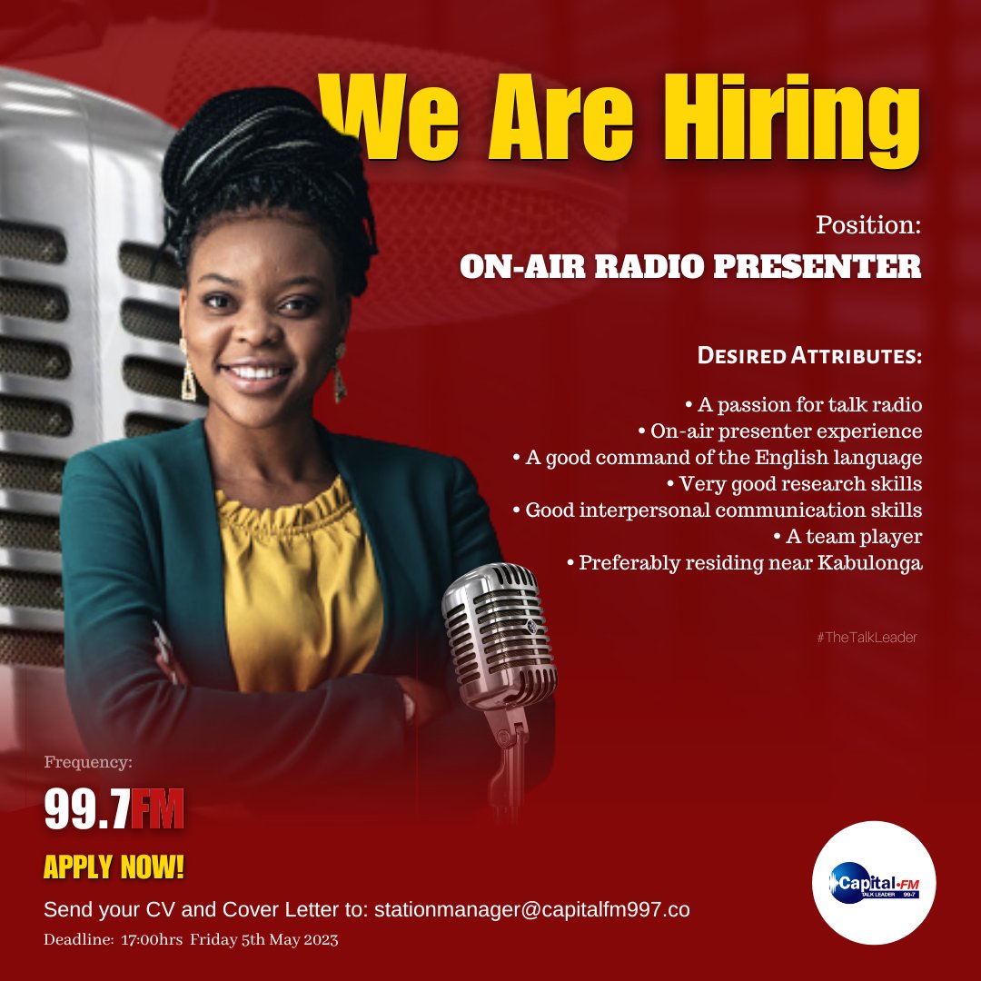 𝐑𝐄-𝐀𝐃𝐕𝐄𝐑𝐓𝐈𝐒𝐄𝐃!

Are you well-spoken, possess a good command of the English language &amp; well researched? You just might be who we're looking for

Apply to: stationmanager@capitalfm997.co before 17:00hrs on Friday 5th May, 2023.

#CapitalFM997 | #Jobs