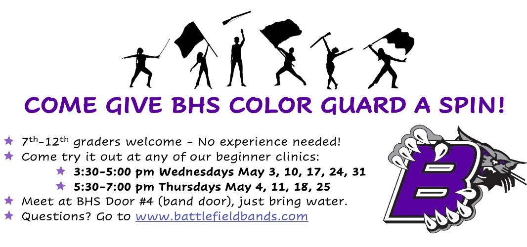 Interested in Color Guard this fall?  Check out one or several of our upcoming clinics.  Hope to see you there!!