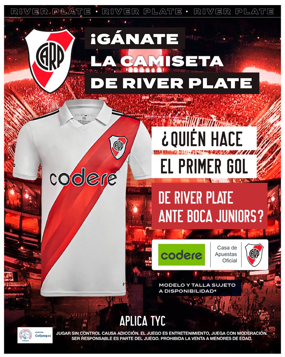 CodereCO's tweet photo. ¡Gánate la camiseta de River Plate!🔴🔥⚽️😎

*Sigue a Codereco
*Escribe solo 1 nombre del jugador que consideres de River.
*Tener tu cuenta activa en Codere (si no, abrir una)
*RT 
*El que acierte gana, si varios aciertan, se define por sorteo.

----> Aplican TYC https://t.co/IaaqNLsgYm