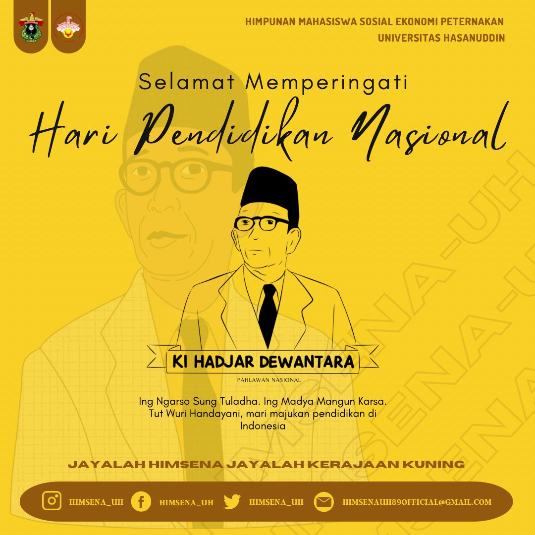 [𝗦𝗘𝗟𝗔𝗠𝗔𝗧 𝗛𝗔𝗥𝗜 𝗣𝗘𝗡𝗗𝗜𝗗𝗜𝗞𝗔𝗡 𝗡𝗔𝗦𝗜𝗢𝗡𝗔𝗟]

Selamat Hari Pendidikan Nasional 2023, dengan pendidikan yang baik akan membuka pikiran, bukan menutup pikiran seperti parasaut hanya berfungsi ketika dalam keadaan terbuka.

#HimsenaUH
#HariPendidikanNasional