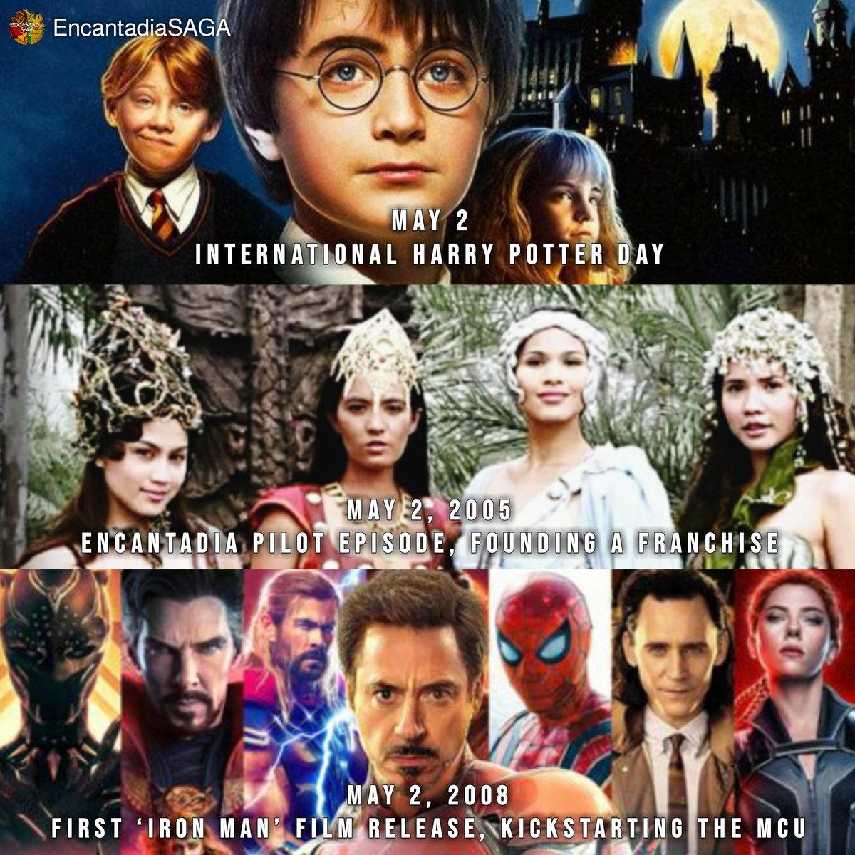 ENCANTADIA SHARES A SIGNIFICANT DAY WITH HARRY POTTER AND THE MCU

May 2 is #InternationalHarryPotterDay.

On May 2, 2005, #Encantadia aired its first episode, which since then expanded to a media franchise.

On May 2, 2008, Iron Man was released, kickstarting the
