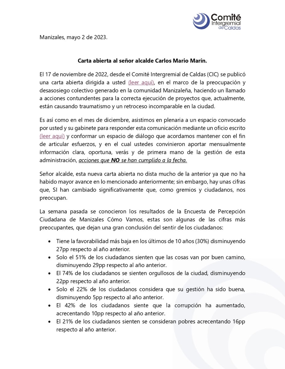 gremiosCaldas's tweet photo. Carta abierta al @carlosmmarinc en donde expresamos nuevamente la preocupación preocupación y desasosiego colectivo y hacemos un llamado a acciones contundentes para la correcta ejecución de proyectos ⬇️ https://t.co/VIw8jxXzAh