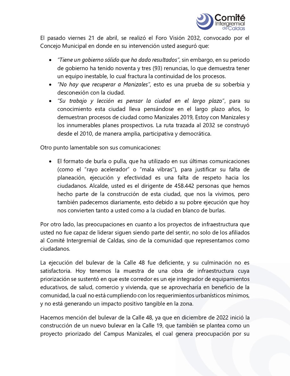 gremiosCaldas's tweet photo. Carta abierta al @carlosmmarinc en donde expresamos nuevamente la preocupación preocupación y desasosiego colectivo y hacemos un llamado a acciones contundentes para la correcta ejecución de proyectos ⬇️ https://t.co/VIw8jxXzAh