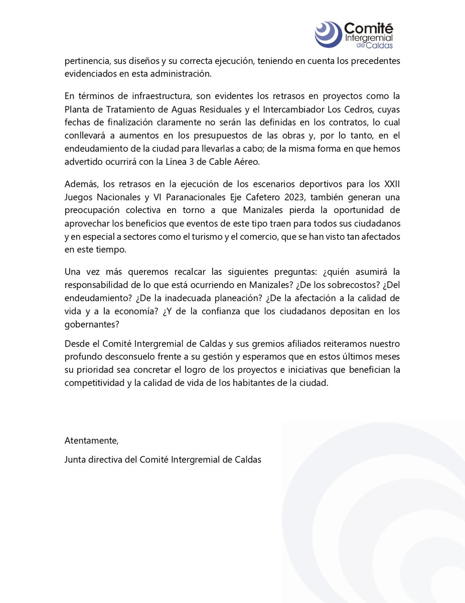 Carta abierta al <a href="/carlosmmarinc/">Carlos Mario Marín</a> en donde expresamos nuevamente la preocupación preocupación y desasosiego colectivo y hacemos un llamado a acciones contundentes para la correcta ejecución de proyectos ⬇️