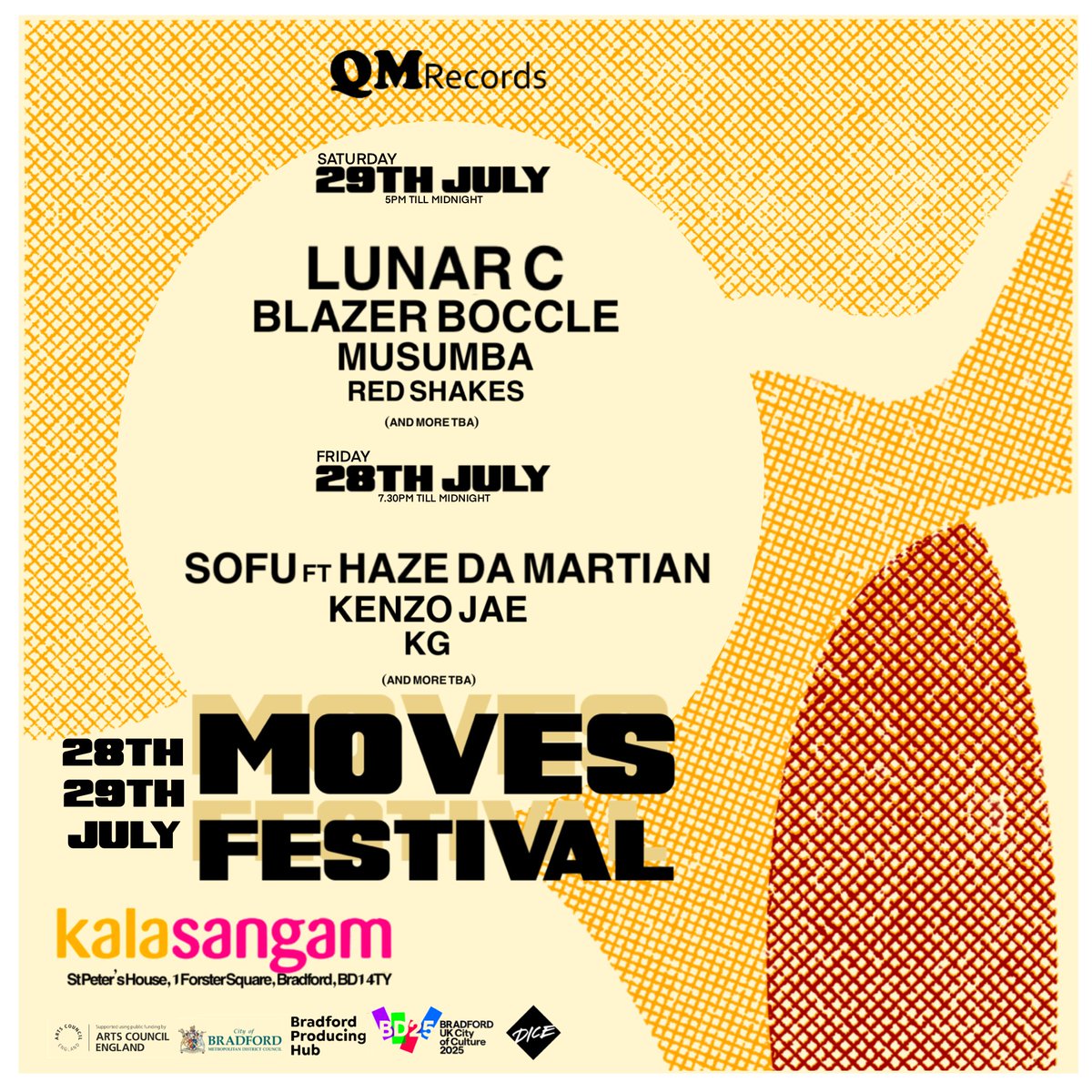 We can’t wait for MOVES bfd. We’ve put together an absolute star studded lineup. ‘MOVES’ festival | 28th/29th July | Bradford-Kala Sangam arts centre Lineup includes-@LunarCFT @HazeDaMartian @blazerboccle @redshakesmusic @musumba777 Get tickets link.dice.fm/V0de80ef78b7 #qmrecords