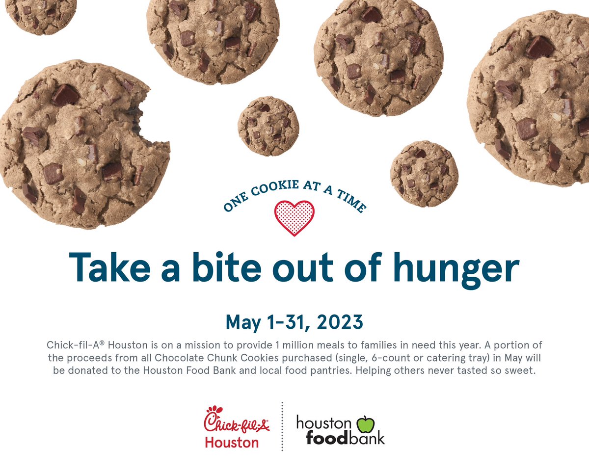 CFAbaytown's tweet photo. Giving back never tasted so sweet!
🍪🍪🍪🍪🍪
Proceeds from each cookie purchase now thru May 31, 2023 will  help @houstonfoodbank and local food pantries. 
#chickfila #foodinsecurity #community #cookiesforacause https://t.co/Uuks5HxQVk