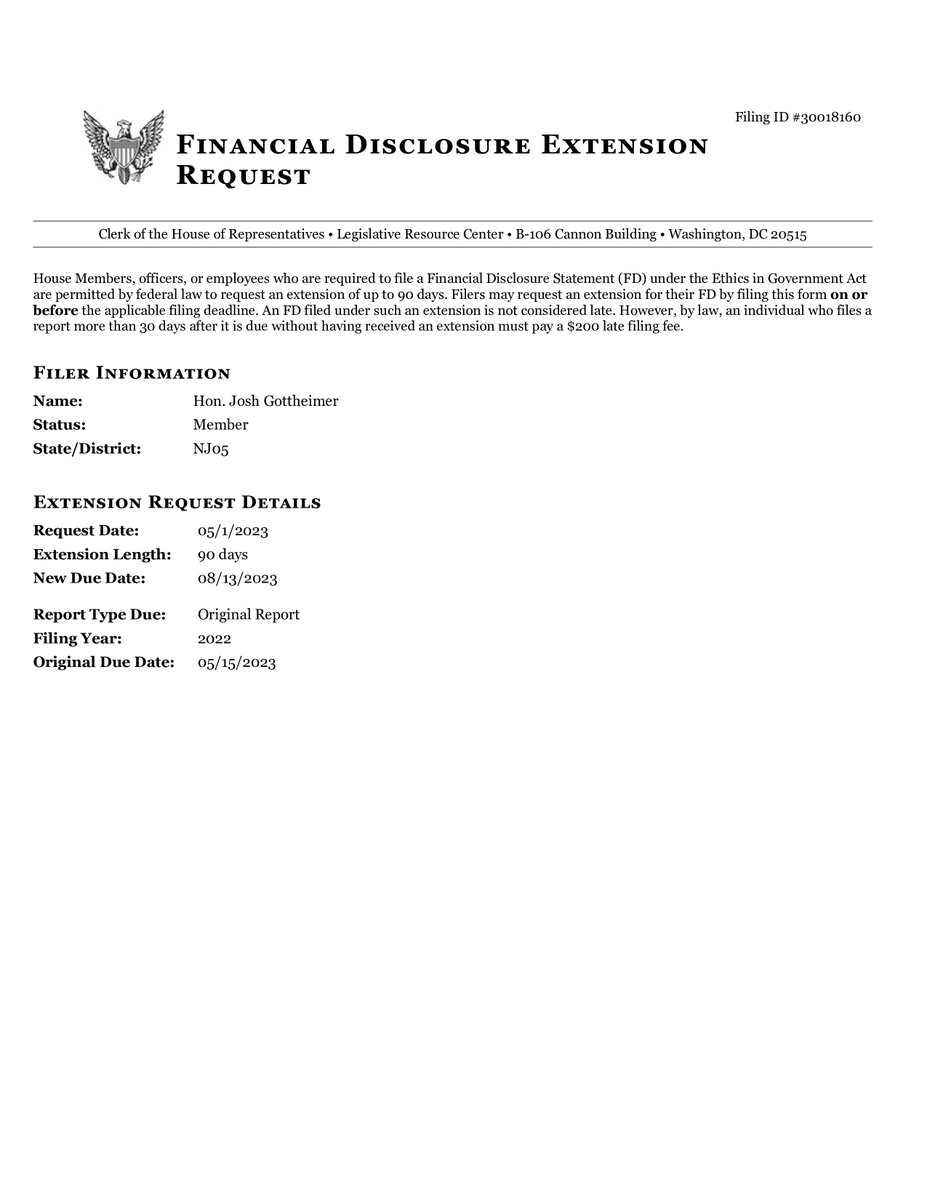 Gottheimer, Hon.. Josh
        2022
        Office: #NJ05
        Filing Type: Extension
        #New Jersey
        #usa #congress #financialdisclosure