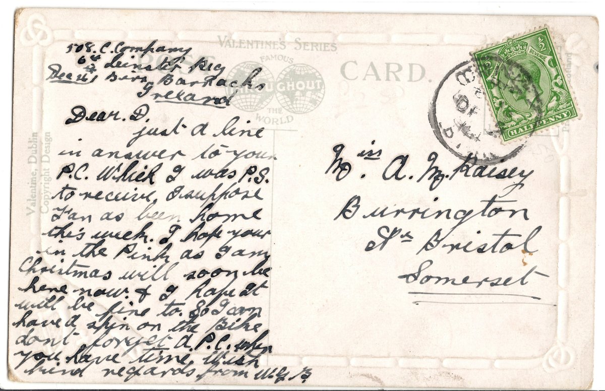 stecallaghan01's tweet photo. Postcard sent in December 1914 from #Birr Barracks by George William Best, 6th Leinster Regiment to his friend back home in Bristol about how they would go for a bike ride next time he was home. George would later die from wounds #OnThisDay 1916 https://t.co/Wl0SyxbJPl