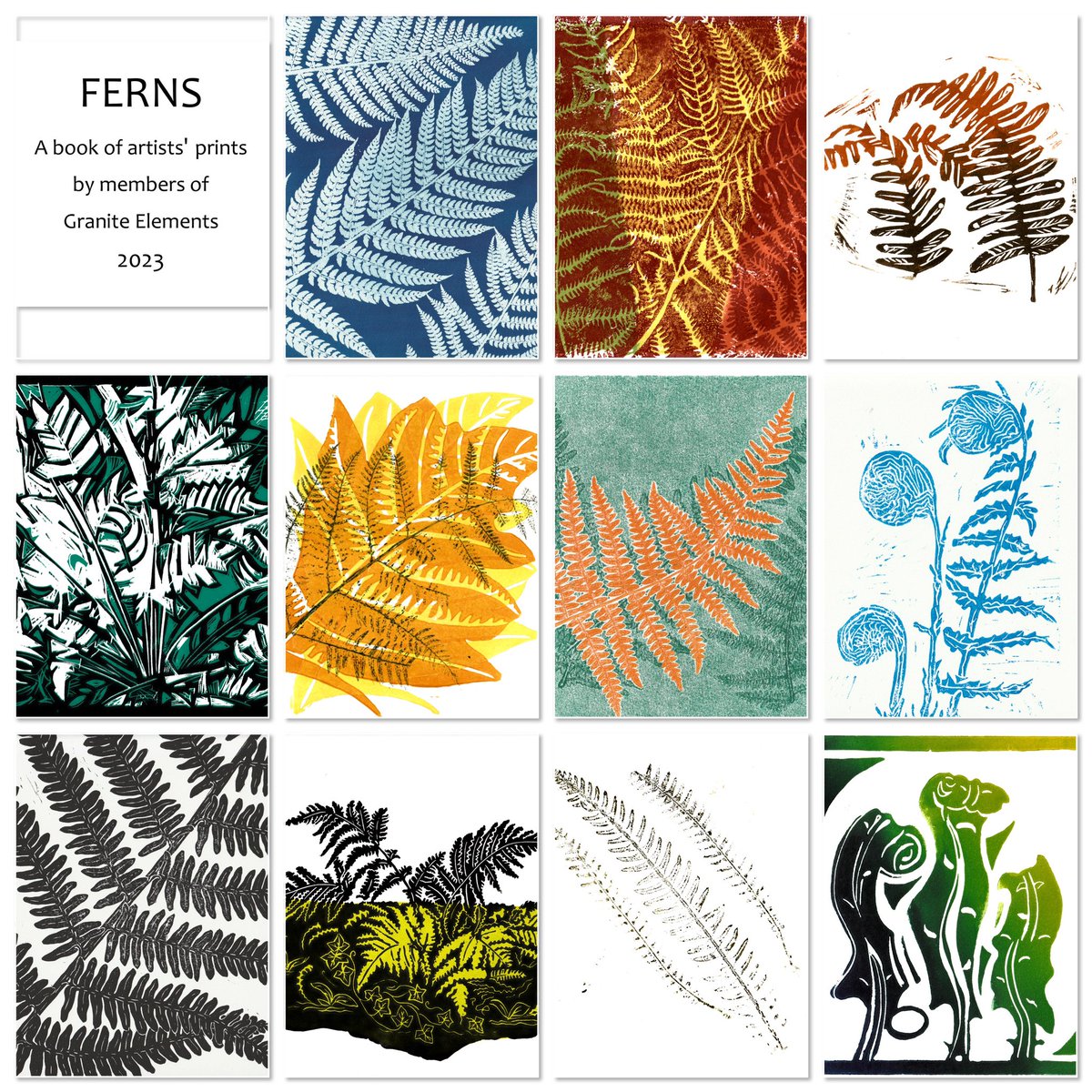 These are the eleven original prints by members of Granite Elements. They’ve been put together in a spectacular book which can be seen at @ullacombefarm New Barn Gallery on 13th and 14th May. #printmaking #ferns #handmadebooks 😀🌿