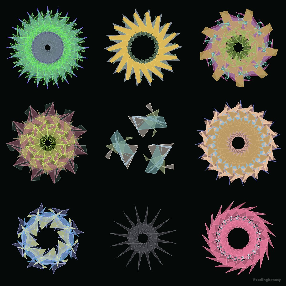 3x3 Spinning Polygons Creation № 36003 
#3x3 #spinning #polygons #flower #math #symmetry #pattern #generative #procedural #art #creativecoding