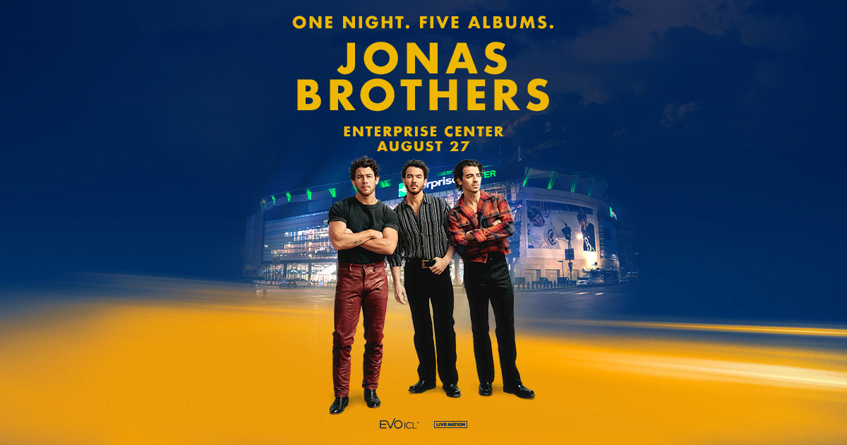 Enterprise_Cntr's tweet photo. ONE NIGHT. FIVE ALBUMS. Jonas Brothers comes to #EnterpriseCenter on Aug 27! Register now through Saturday for your chance at tickets.

📝 https://t.co/gj4xONDrUt 

🎟️ Tickets on sale May 12 @ 10am https://t.co/rpAnnHO7Zx