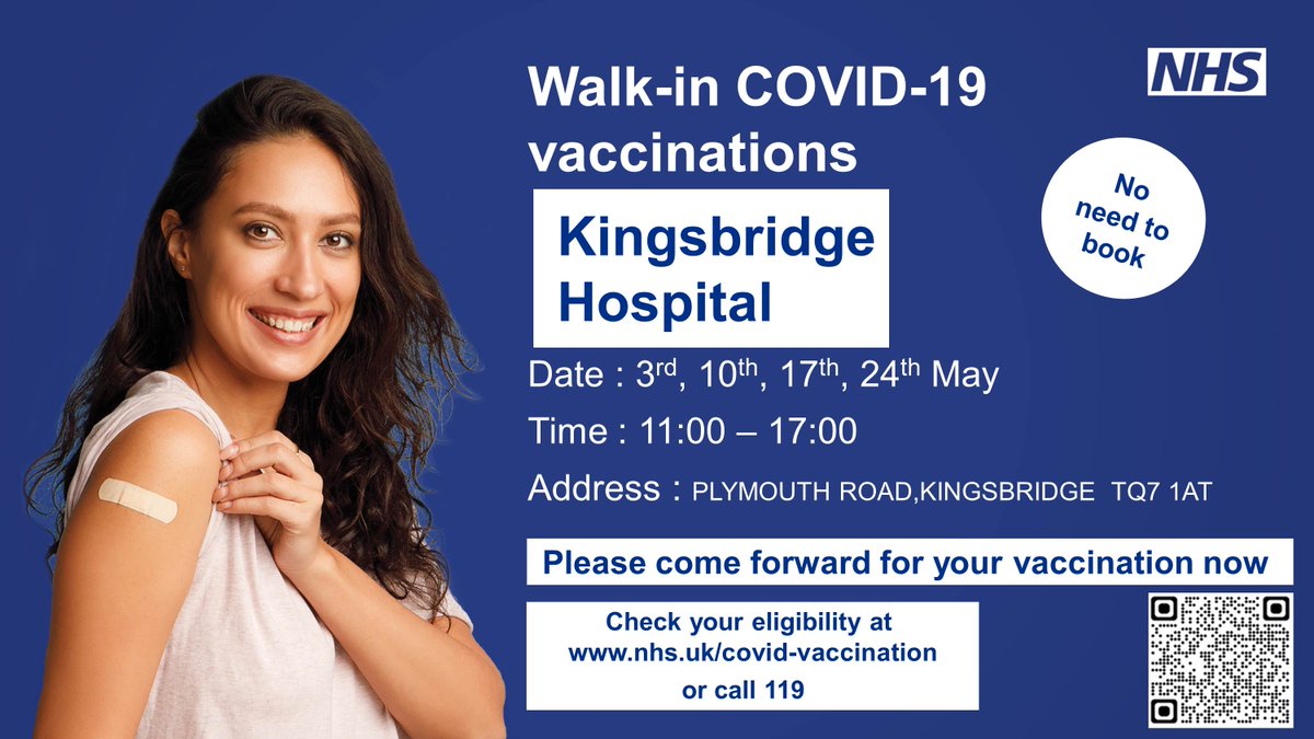 SouthHams_DC's tweet photo. Walk-in COVID vaccinations are available at Kingsbridge Hospital this May. 

💉 3rd, 10th, 17th and 24th May - 11 a.m. to 5 p.m.

Bookings are not needed. Find out more 👉 https://t.co/pGyTlqPdM9

#Kingsbridge #SouthHams https://t.co/64Qu76rSdh