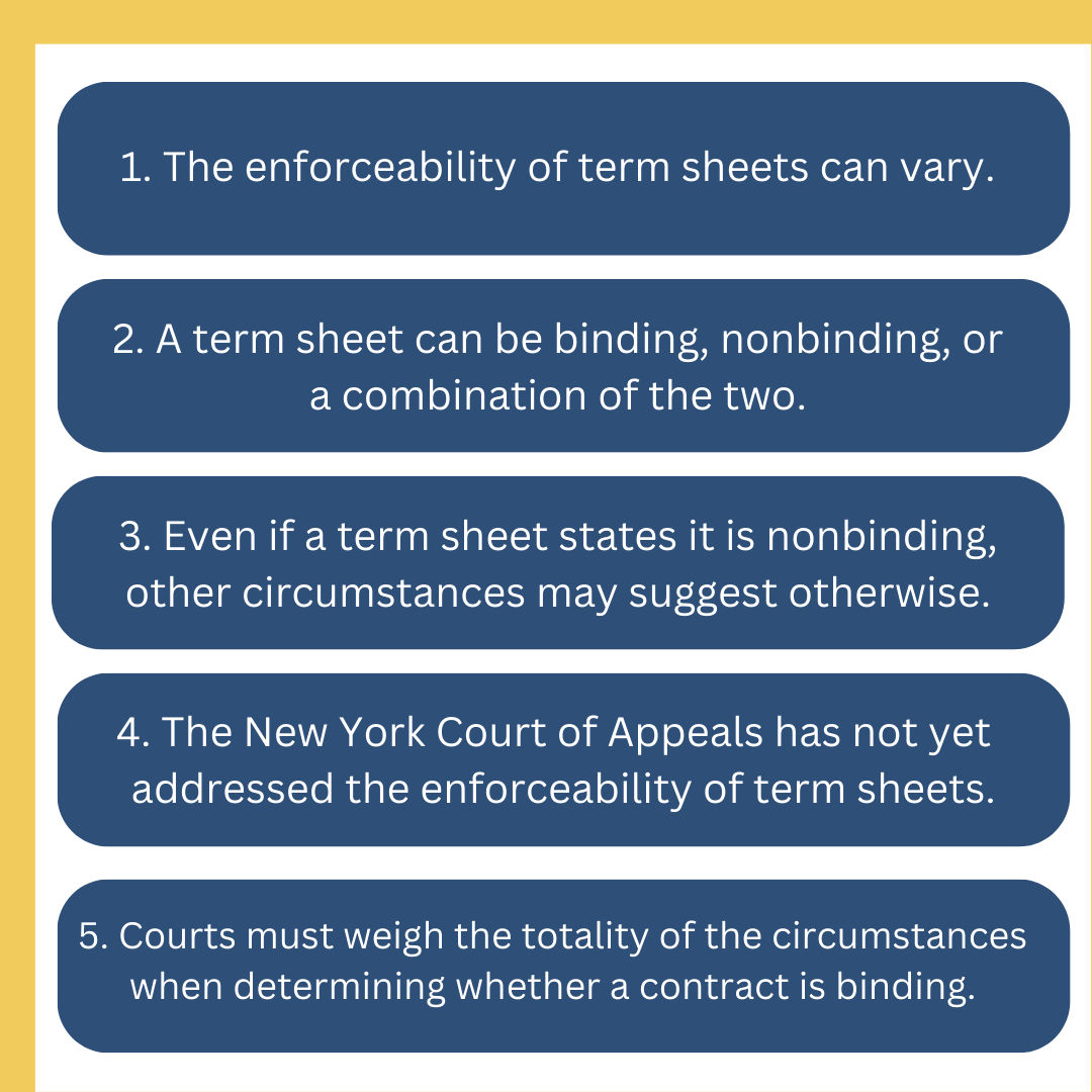 PNLawyers's tweet image. #TermSheets are a common tool for commercial transactions. However, they can vary in #enforceability. Here are 10 key points to keep in mind. 

#CommercialTransactions #NewYorkSupremeCourt #ContractLaw #PreliminaryAgreements #BindingContracts #AgreementToAgree