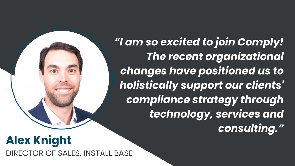 Everyone welcome our new hire, Alex Knight! 

Alex says he is, "looking forward to partnering with our customers to find solutions to their current and future initiatives." We are thrilled to have you on the COMPLY team, Alex!