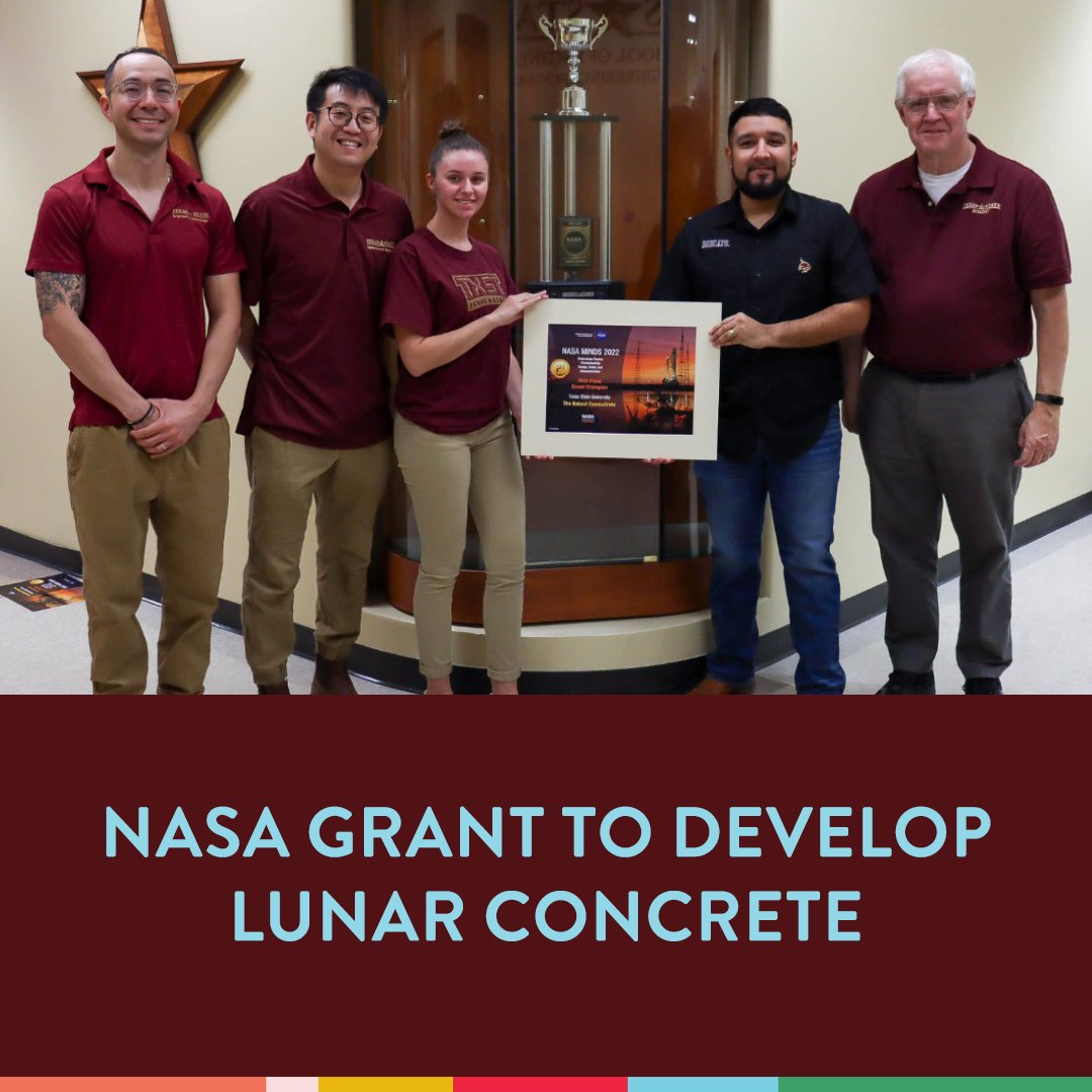 txstengineering's tweet photo. NASA has awarded TXST a $50,000 grant to develop lunar concrete as part of CaerusCrete, a technology concept that uses available resources found on the moon as a building material. Learn more at https://t.co/P8CuXq1vR7 #txstreserach #txstnext #nasa #nasaminds https://t.co/hMeJ7jYAD4