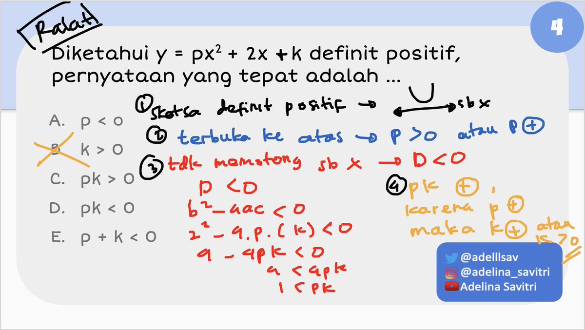 adelllsav's tweet photo. Soal 4
ini juga mon maaf ya guys, ralat karena fungsi kuadrat yang seharusnya itu (+k) bukan (-k) ehehe🙏 https://t.co/rH6HsBWB1f