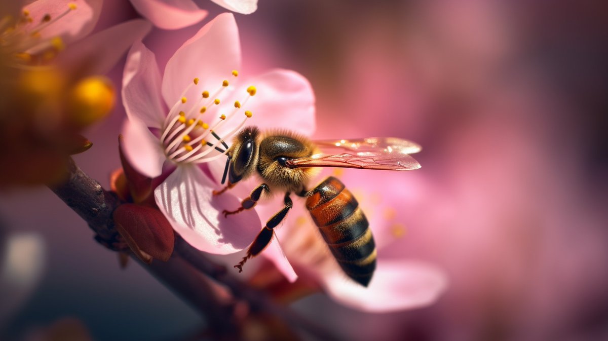 cesar20984's tweet photo. Capturing nature's essence: A colorful bee savors honey from a vibrant pink cherry flower, amidst a serene city backdrop. 🌸🐝🏙️ #midjourney #AIArtworks #NatureInHD. Prompt in Alt. https://t.co/hAq0FYYH1h