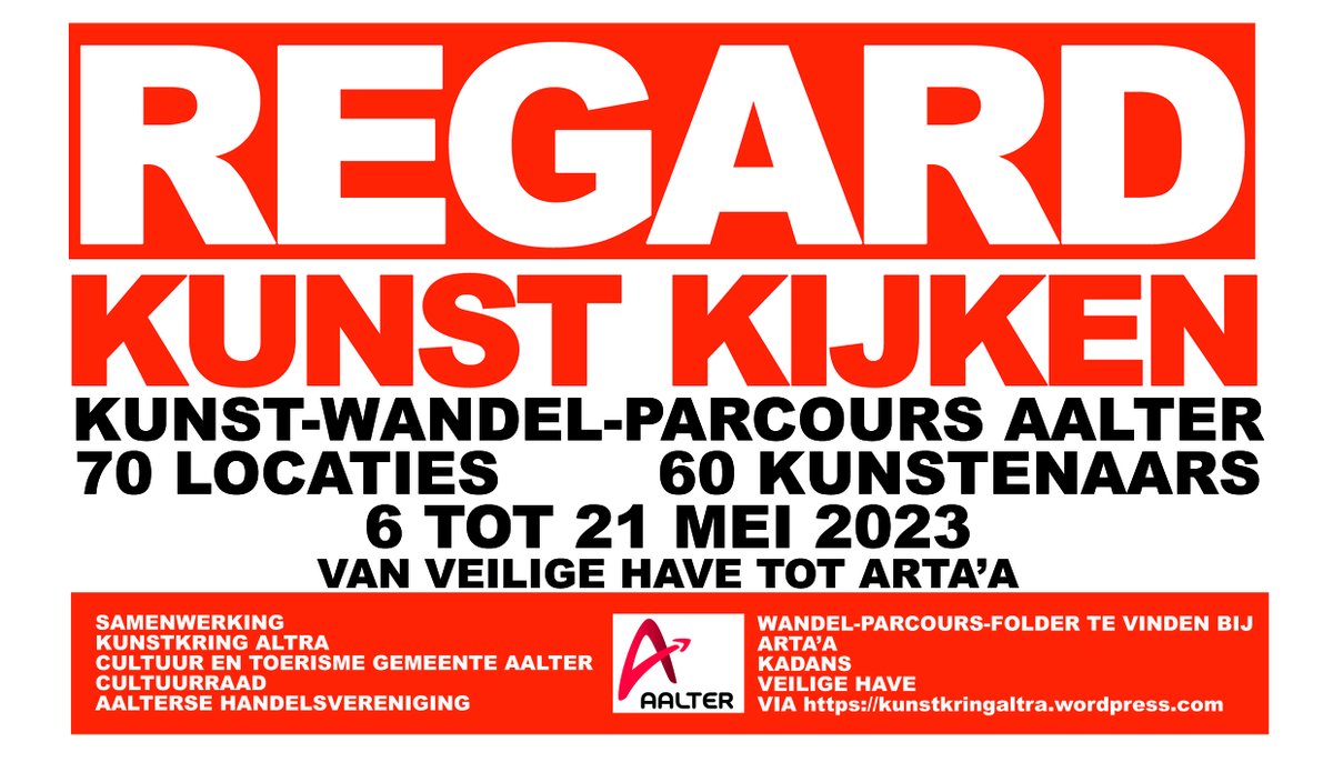 Van 6 tot en met 21 mei 2023 slaan het lokaal bestuur, Kunstkring Altra, de Aalterse handelaars, de cultuurraad en 70 Aalterse kunstenaars de handen in elkaar met het project ‘REGARD, kunst kijken’. Het project brengt kunst naar iedereen die voorbijkomt. ow.ly/GgyP50O7x4Q