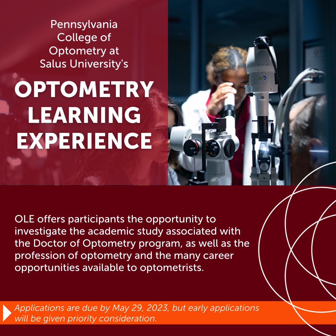 DrexelElkinsPk's tweet image. Interested in optometry? Be a part of PCO's Optometry Learning Experience at Salus University!

Register now: ow.ly/uPZZ50NOrpQ

#salusuniversity #optometryschool #futureoptometrist #gradschool #optometry #PCO
