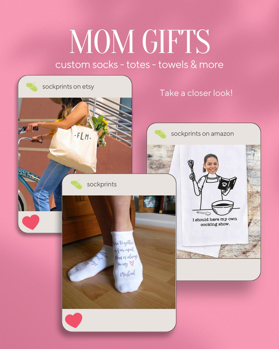 sockprints's tweet photo. POV- Our socks, totes and kitchen towels are hands down the best personalized gifts for mom!
.
#mothersdaygift #personalizedgifts #customgifts #customsocks #personalized socks #personalizedtotes #kitchentowels #happymothersday #mothersdaygifts https://t.co/NIR4pKFD7u