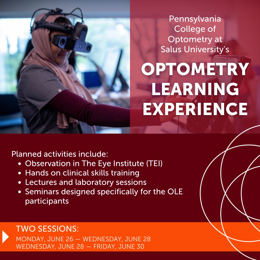 DrexelElkinsPk's tweet image. Interested in optometry? Be a part of PCO's Optometry Learning Experience at Salus University!

Register now: ow.ly/uPZZ50NOrpQ

#salusuniversity #optometryschool #futureoptometrist #gradschool #optometry #PCO