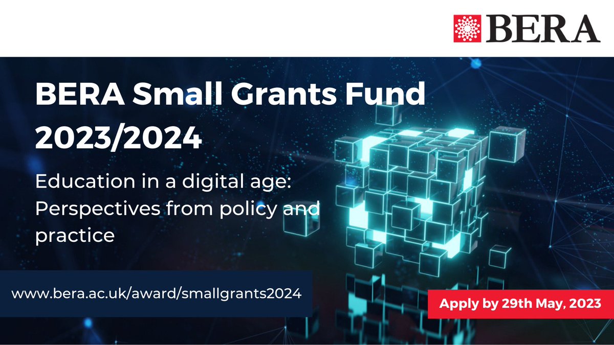 ⌛ Closing this month!

BERA Small Grants Fund 2023/2024: Education in a digital age: Perspectives from policy and practice

Each project fund is worth £5,000 and BERA has budgeted for funding of up to three projects!

Apply now: bera.ac.uk/award/smallgra…