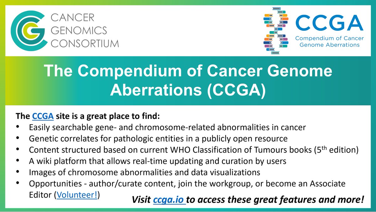 CG_Consortium's tweet photo. Have you seen the https://t.co/2wEqjICq3O, a @CG_Consortium-supported resource for clinical cancer genetic aberrations structured based on the WHO Classification of Tumours? Itโs a great, free site for everyone who is interested in cytogenetics and genomics in cancer! #CCGAwiki https://t.co/8CPgCHMGrE