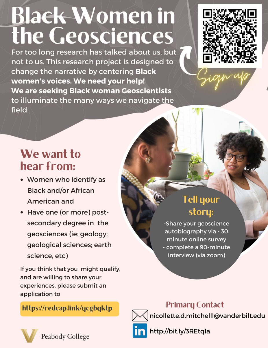 Our paid research participation  opportunity for Black Women who hold bachelors, masters, and doctoral degrees in the geosciences has received approval from the Vanderbilt Institutional Review Board under IRB #230491!

Please share this flyer and this URL: redcap.link/ycgbqktp