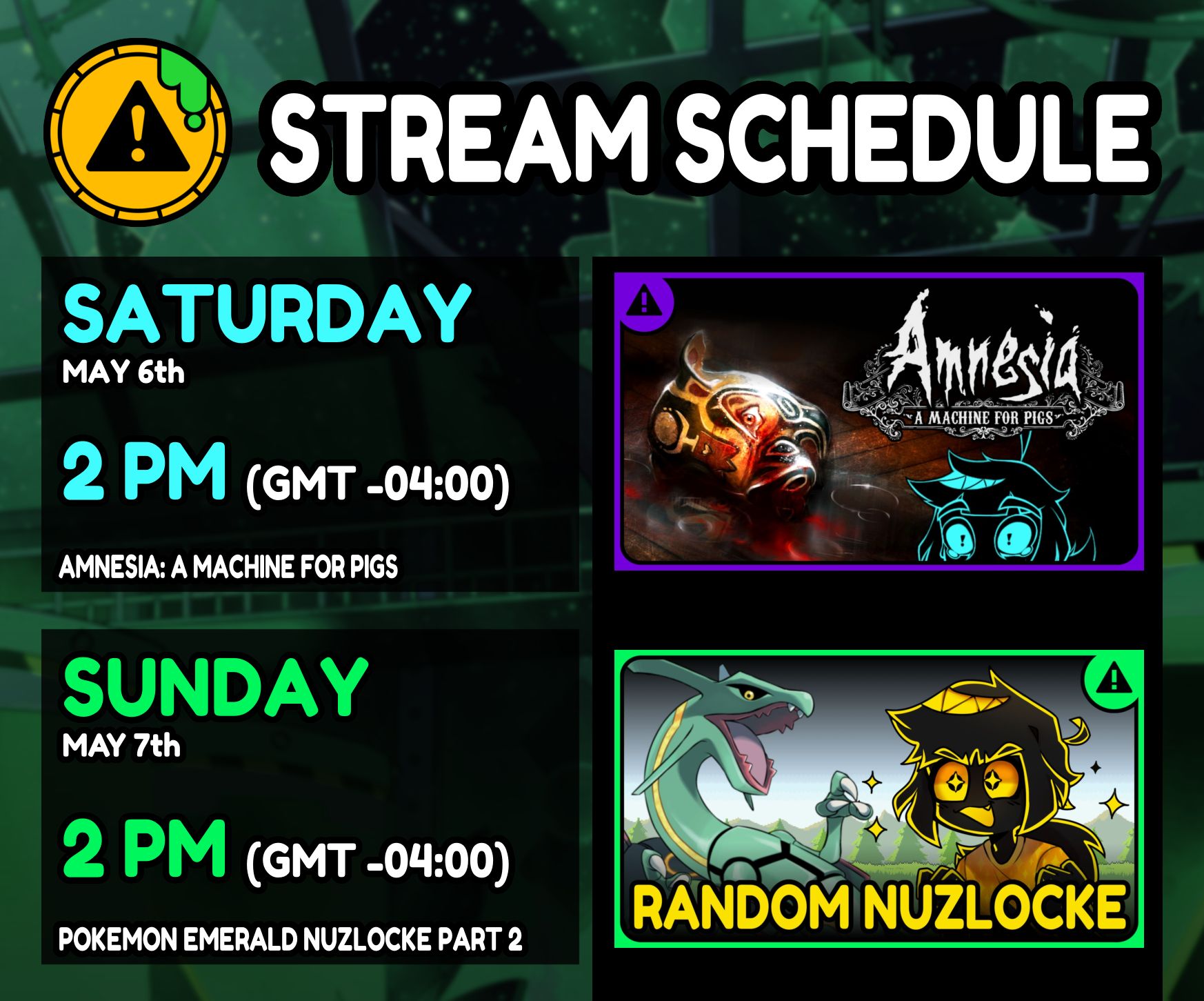 phisnom (CHECK PINNED!) 🧪⚠️ on X: 🗓️IT'S THE #PHISTREAM SCHEDULE! -  playing some Pokemon Emerald Randomizer, Nuzlocke Edition w/ @cacozone on  Saturday. - THE MYSTERY OF THE DRUIDS DRINKING STREAM W/ @StupidButterfIy