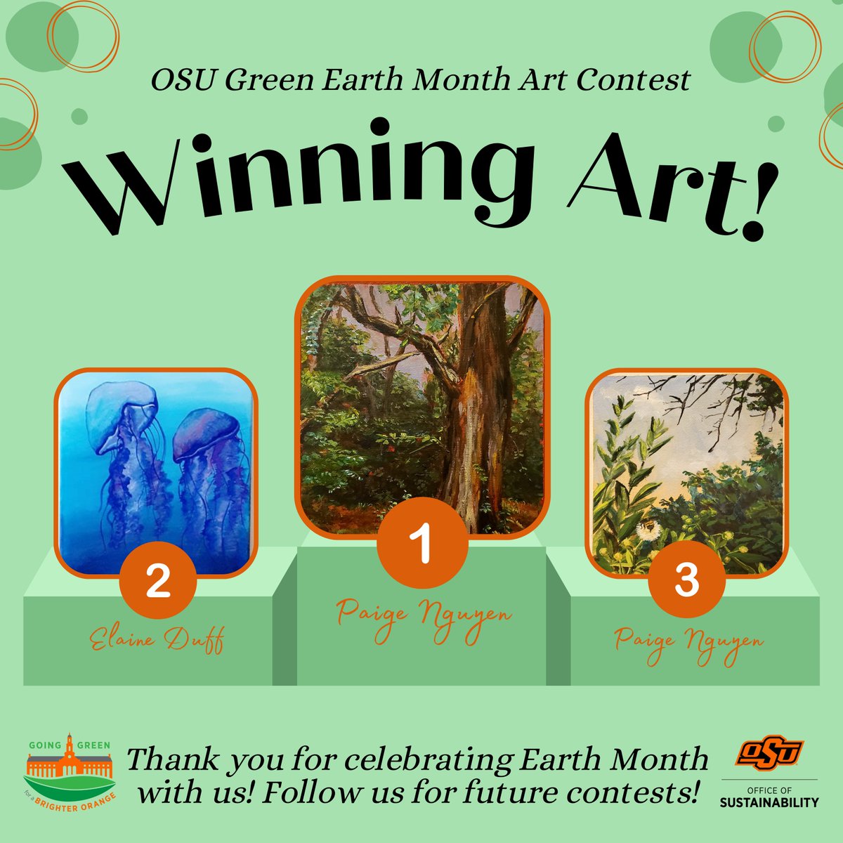 OSUgreen's tweet photo. There's no better way to welcome May than with some great news! 😊Congratulations to our winning submissions from our recent art contest to celebrate the Earth in its many ways! Make sure to follow us so you don't miss the chance to participate in future contests.🤠💚 https://t.co/zyyPu4jzH6