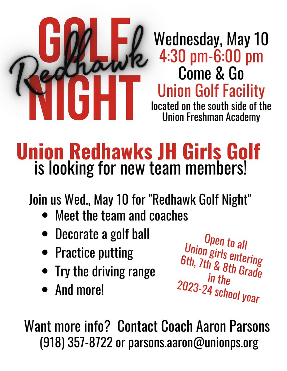 REDHAWK GOLF NIGHT!
🏌️‍♀️JH girls interested in playing golf
🗓️ Wednesday, May 10
⏰4:30pm-6:00pm
📍 Union Golf Facility (Freshman Academy)