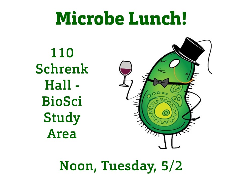GermJuggler's tweet photo. Today's the day! Join us at noon for #MicrobeLunch! 110 Schrenk Hall - Biology Study Area. https://t.co/daXQV9uq5M