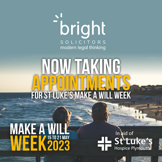 BrightLLP's tweet photo. From 15-19th May, we're participating in @StLukesPlymouth Make a Will Week, by offering a FREE Will service in exchange for a donation to St Luke's Hospice. 

Book your appointment with us today as places are limited!📅 Call 01752 968442 to book today. 

#MakeaWillWeek #Plymouth https://t.co/bPxGWiq2eo