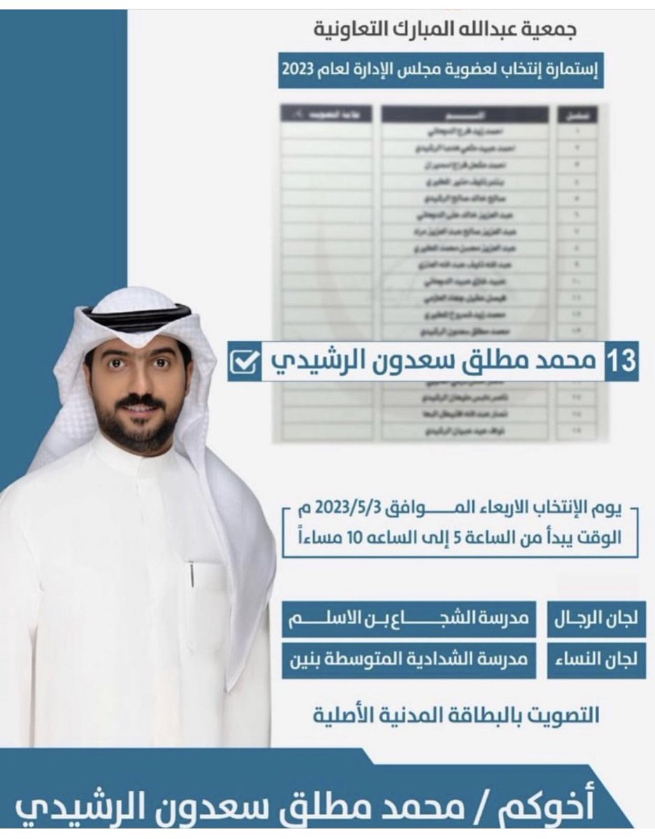 تذكير غدا الاربعاء انتخابات جمعية عبدالله المبارك ولا استغني عن فزعتكم ودعمكم 

اخوكم 
محمد مطلق سعدون الرشيدي