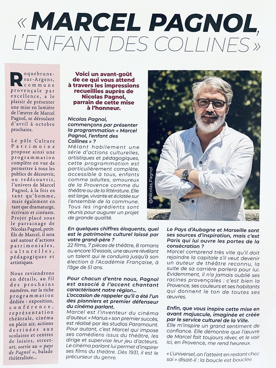 💬 "L’œuvre de Marcel fait toujours rêver, et le voir ici, en Provence, me rend heureux".

👉 Alors que la Ville de <a href="/Roquebrune83520/">Ville de Roquebrune-sur-Argens</a> va célébrer Pagnol de mai à octobre (t.ly/lIKV), Nicolas Pagnol nous en dit plus sur ce projet ambitieux dont il est le parrain. ⤵️